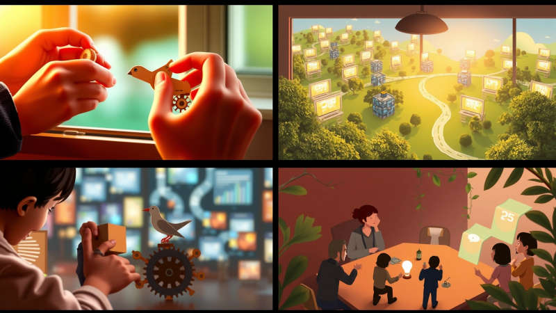 Ilustración optimista de innovación colaborativa y tecnología