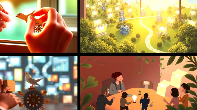Ilustración optimista de innovación colaborativa y tecnología