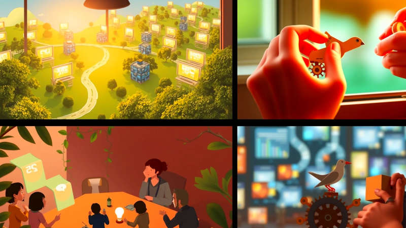 Ilustración optimista de innovación colaborativa y tecnología