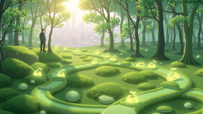 Un paisaje sereno fusiona naturaleza y tecnología